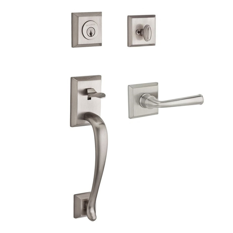 The Baldwin Reserve Napa Handleset with Interior Federal Lever with Traditional Square Rosette in Lifetime Satin Nickel finish.