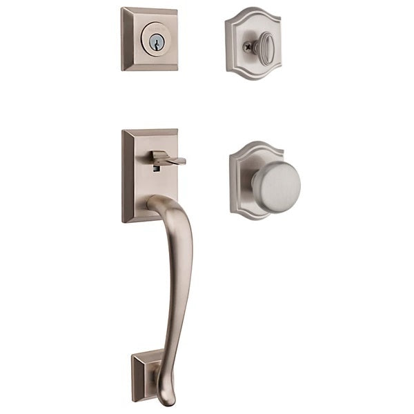 The Baldwin Reserve Napa Handleset with Interior Round Knob with Traditional Arch Rosette in Lifetime Satin Nickel finish.