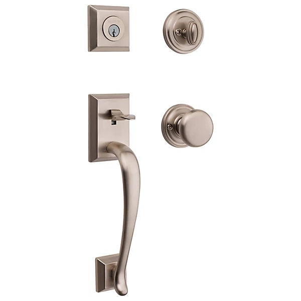 The Baldwin Reserve Napa Handleset with Interior Round Knob with Traditional Round Rosette in Lifetime Satin Nickel finish.