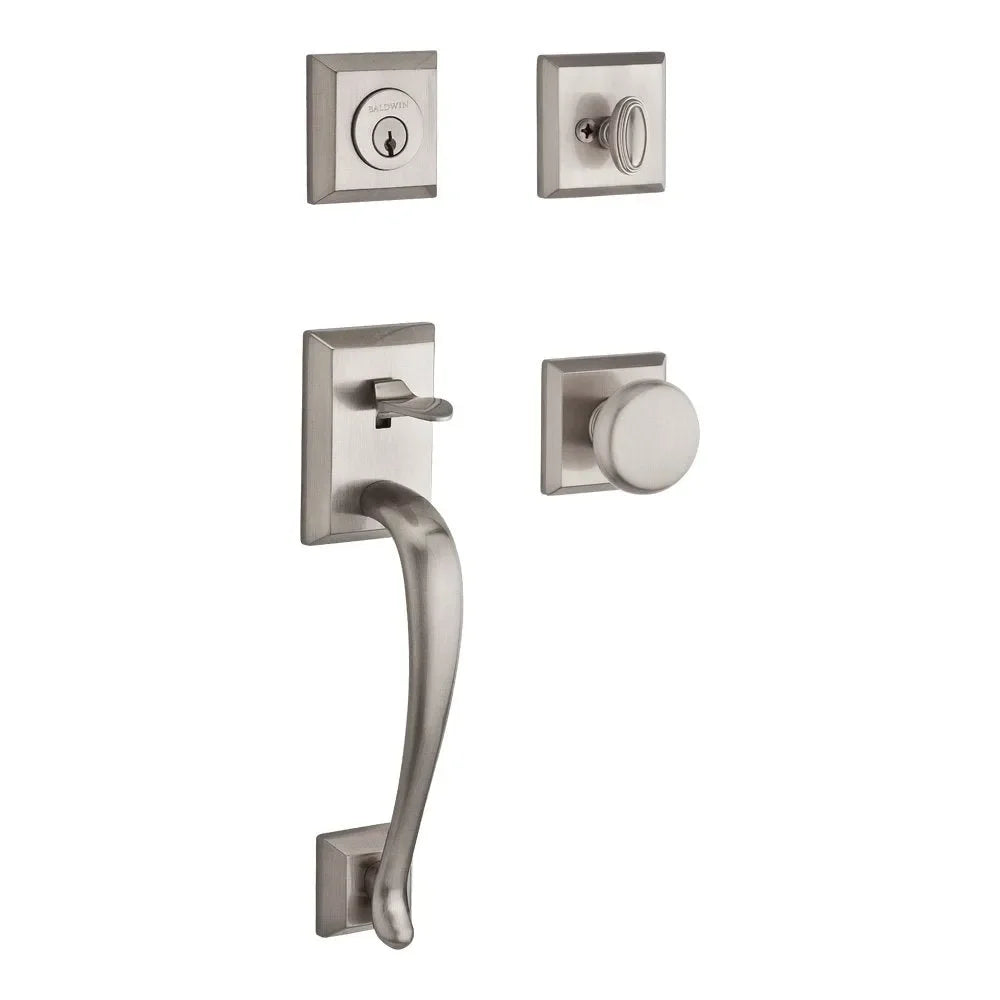 The Baldwin Reserve Napa Handleset with Interior Round Knob with Traditional Square Rosette in Lifetime Satin Nickel finish.