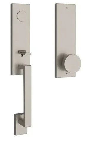 The Baldwin Reserve Seattle Handleset with Interior Contemporary Knob with Contemporary Square Escutcheon in Lifetime Satin Nickel finish.
