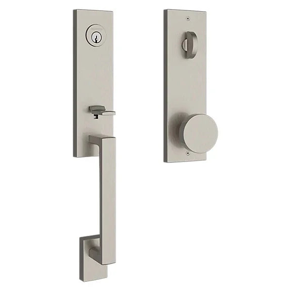 The Baldwin Reserve Seattle Handleset with Interior Contemporary Knob with Contemporary Square Escutcheon in Lifetime Satin Nickel finish.