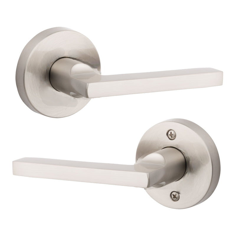 The Baldwin Reserve Square Lever with Contemporary Round Rosette in Lifetime Satin Nickel finish.