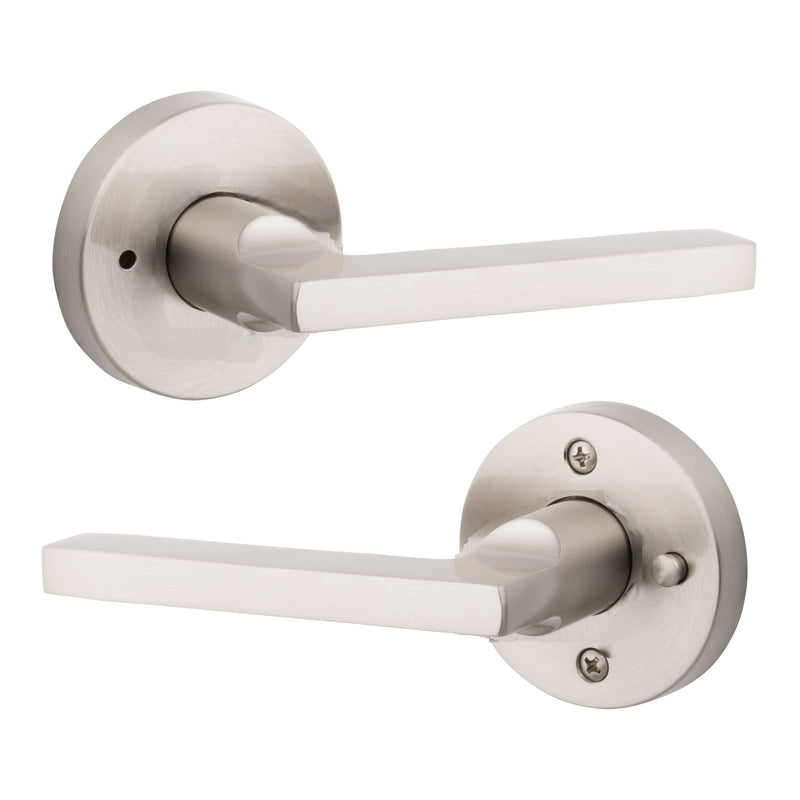 The Baldwin Reserve Square Lever with Contemporary Round Rosette in Lifetime Satin Nickel finish.