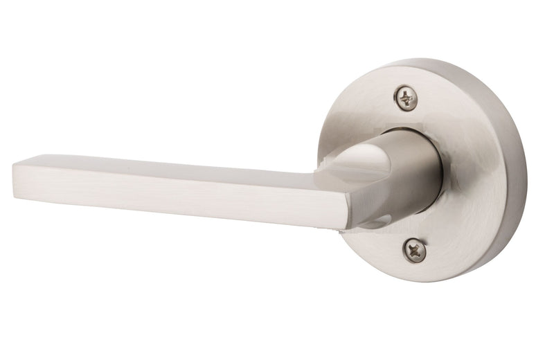 The Baldwin Reserve Square Lever with Contemporary Round Rosette in Lifetime Satin Nickel finish.