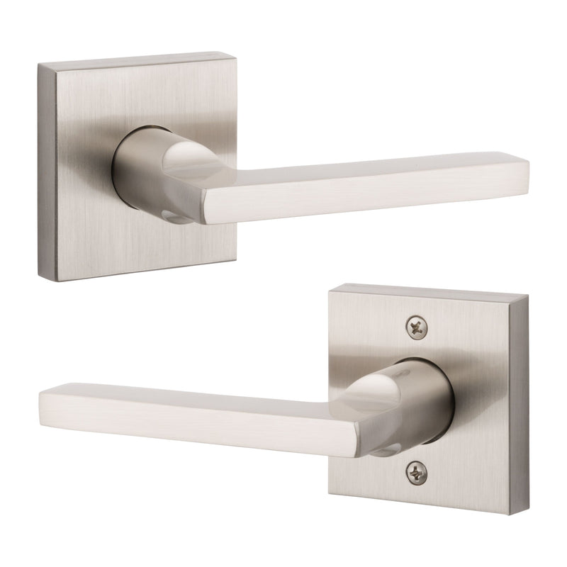 The Baldwin Reserve Square Lever with Contemporary Square Rosette in Lifetime Satin Nickel finish.
