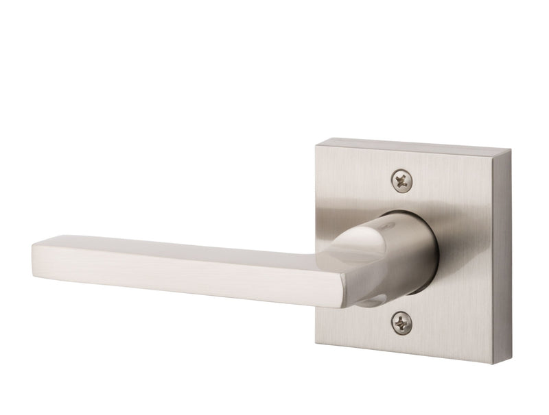 The Baldwin Reserve Square Lever with Contemporary Square Rosette in Lifetime Satin Nickel finish.