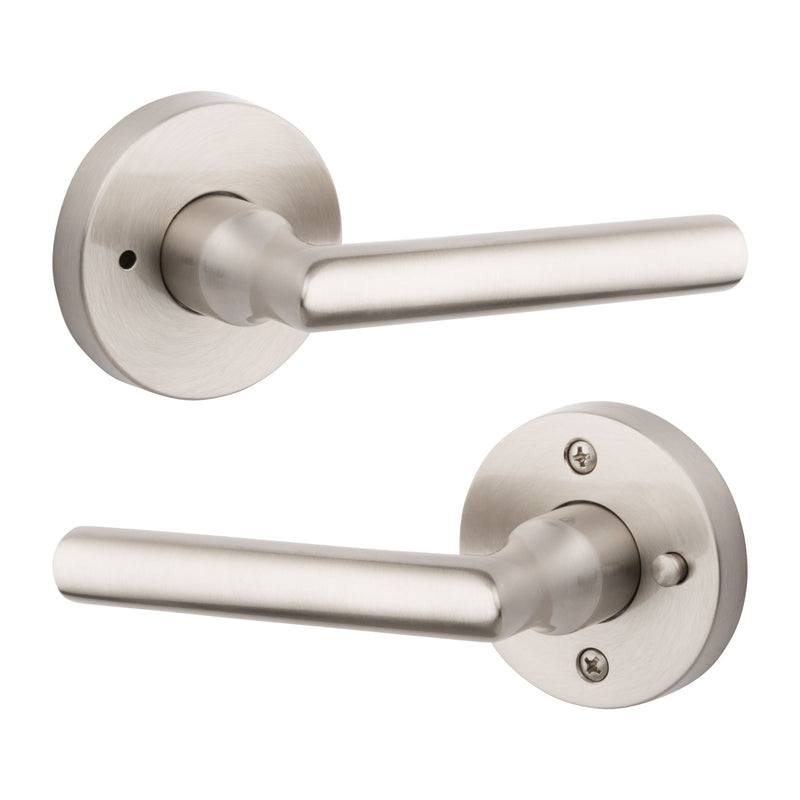 The Baldwin Reserve Tube Lever with Contemporary Round Rosette in Lifetime Satin Nickel finish.