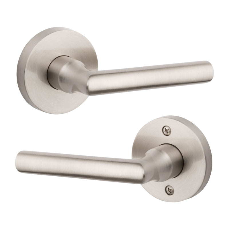 The Baldwin Reserve Tube Lever with Contemporary Round Rosette in Lifetime Satin Nickel finish.