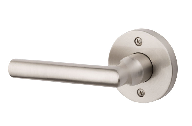 The Baldwin Reserve Tube Lever with Contemporary Round Rosette in Lifetime Satin Nickel finish.