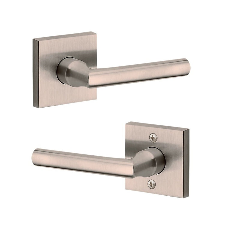 The Baldwin Reserve Tube Lever with Contemporary Square Rosette in Lifetime Satin Nickel finish.