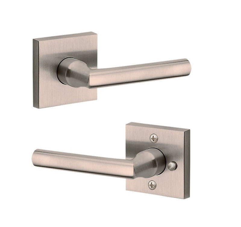 The Baldwin Reserve Tube Lever with Contemporary Square Rosette in Lifetime Satin Nickel finish.