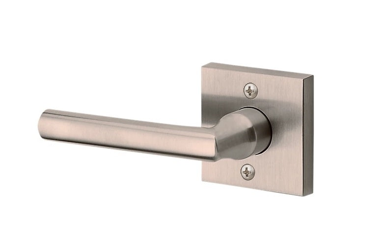 The Baldwin Reserve Tube Lever with Contemporary Square Rosette in Lifetime Satin Nickel finish.