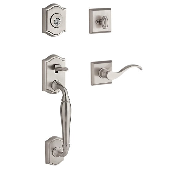 The Baldwin Reserve Westcliff Handleset with Interior Curve Lever with Traditional Square Rosette in Lifetime Satin Nickel finish.