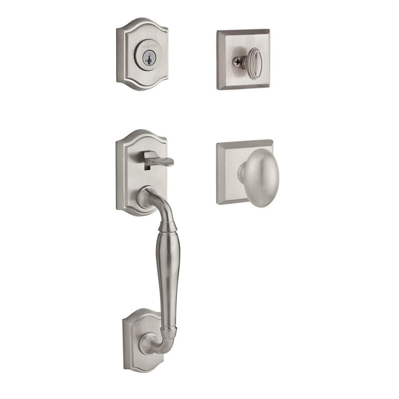 The Baldwin Reserve Westcliff Handleset with Interior Ellipse Knob with Traditional Square Rosette in Lifetime Satin Nickel finish.