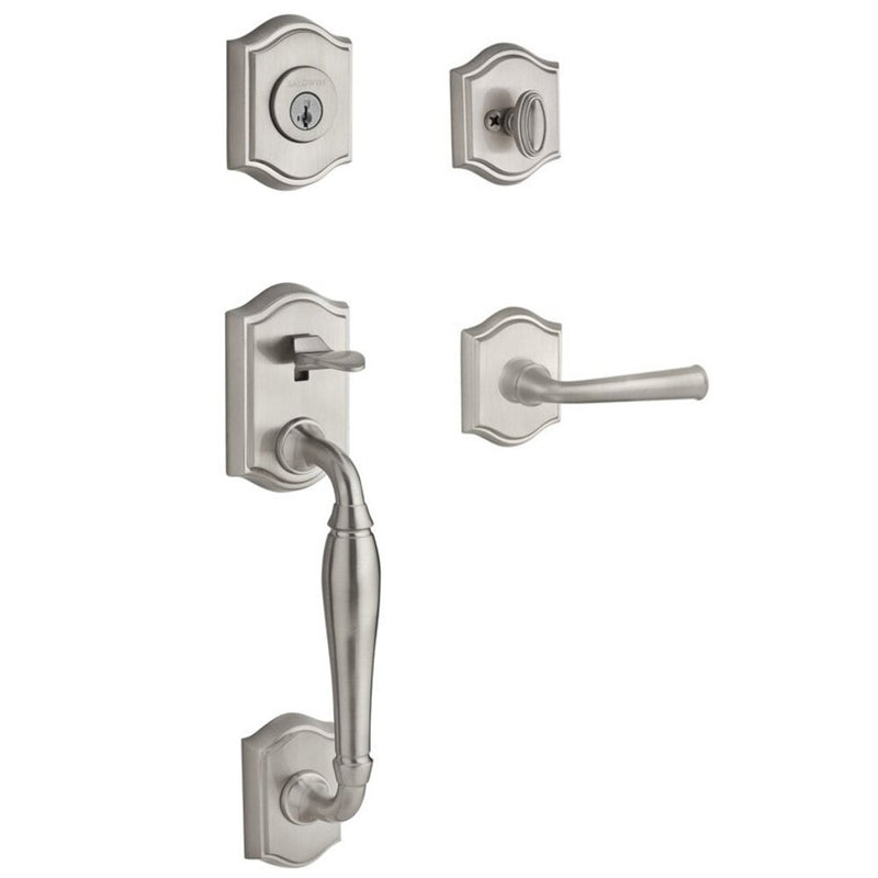 The Baldwin Reserve Westcliff Handleset with Interior Federal Lever with Traditional Arch Rosette in Lifetime Satin Nickel finish.