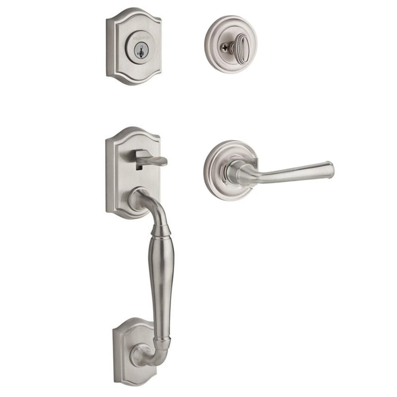 The Baldwin Reserve Westcliff Handleset with Interior Federal Lever with Traditional Round Rosette in Lifetime Satin Nickel finish.