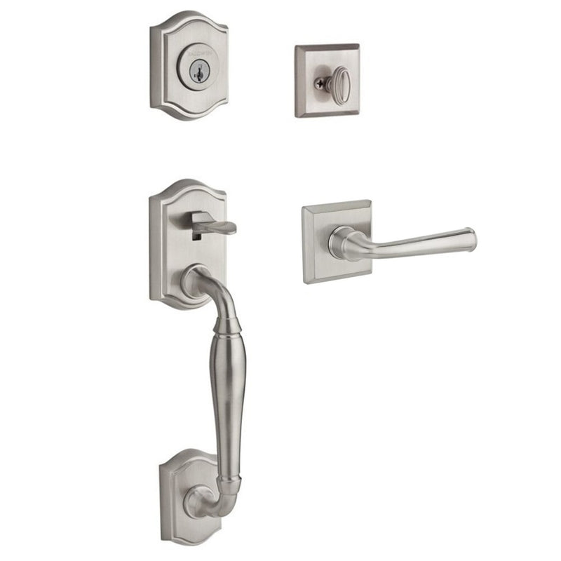 The Baldwin Reserve Westcliff Handleset with Interior Federal Lever with Traditional Square Rosette in Lifetime Satin Nickel finish.