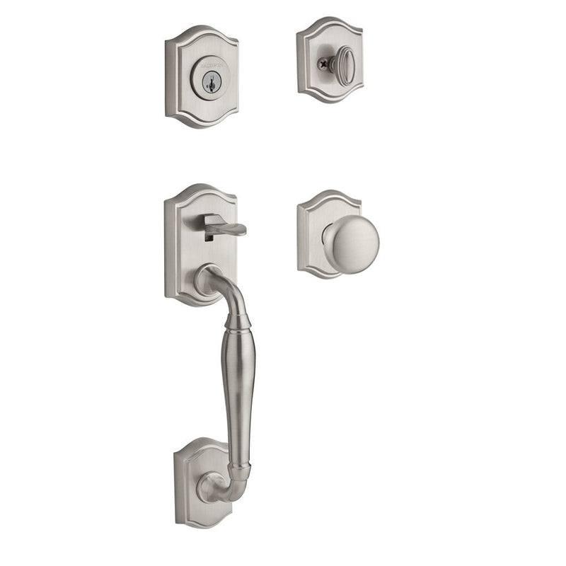 The Baldwin Reserve Westcliff Handleset with Interior Round Knob with Traditional Arch Rosette in Lifetime Satin Nickel finish.