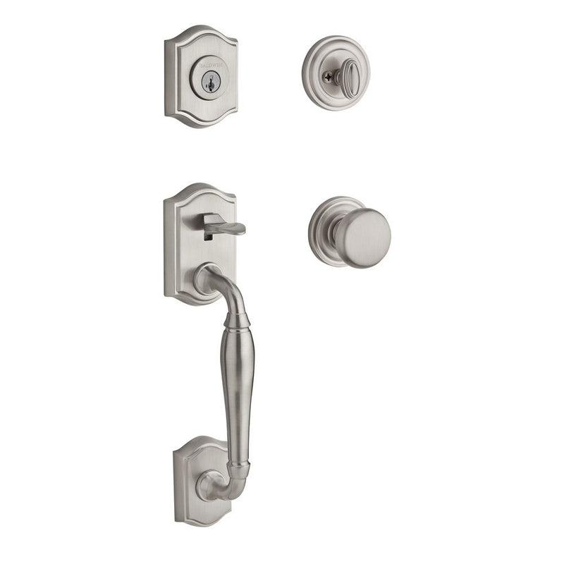 The Baldwin Reserve Westcliff Handleset with Interior Round Knob with Traditional Round Rosette in Lifetime Satin Nickel finish.