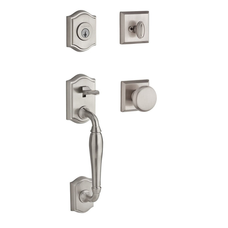 The Baldwin Reserve Westcliff Handleset with Interior Round Knob with Traditional Square Rosette in Lifetime Satin Nickel finish.