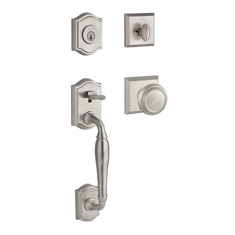 The Baldwin Reserve Westcliff Handleset with Interior Traditional Knob with Traditional Square Rosette in Lifetime Satin Nickel finish.