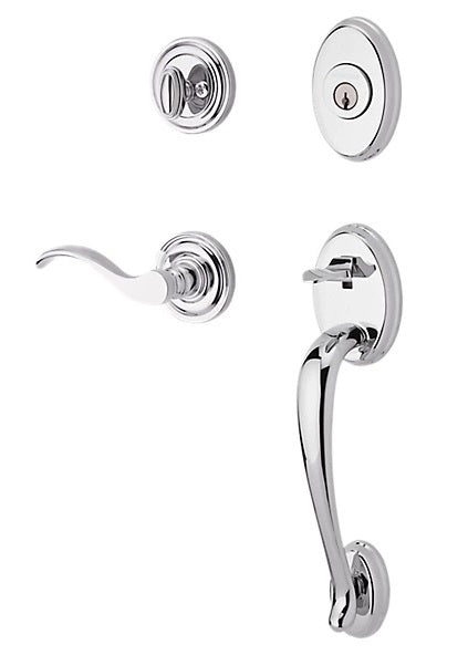 The Baldwin Reserve Columbus Handleset with Interior Curve Lever with Traditional Round Rosette in Polished Chrome finish.