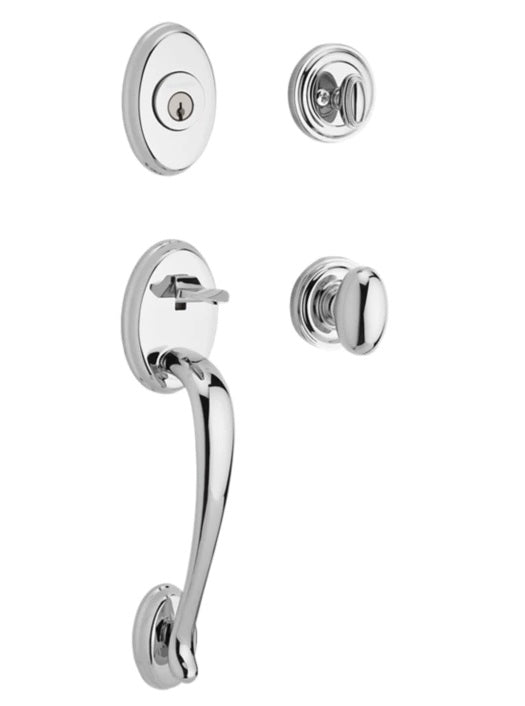 The Baldwin Reserve Columbus Handleset with Interior Ellipse Knob with Traditional Round Rosette in Polished Chrome finish.