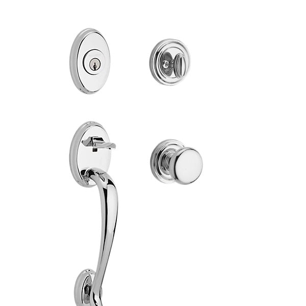 The Baldwin Reserve Columbus Handleset with Interior Round Knob with Traditional Round Rosette in Polished Chrome finish.