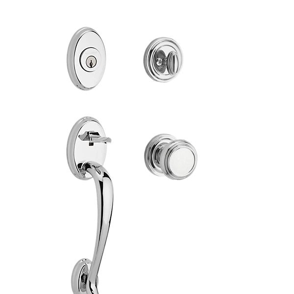 The Baldwin Reserve Columbus Handleset with Interior Traditional Knob with Traditional Round Rosette in Polished Chrome finish.