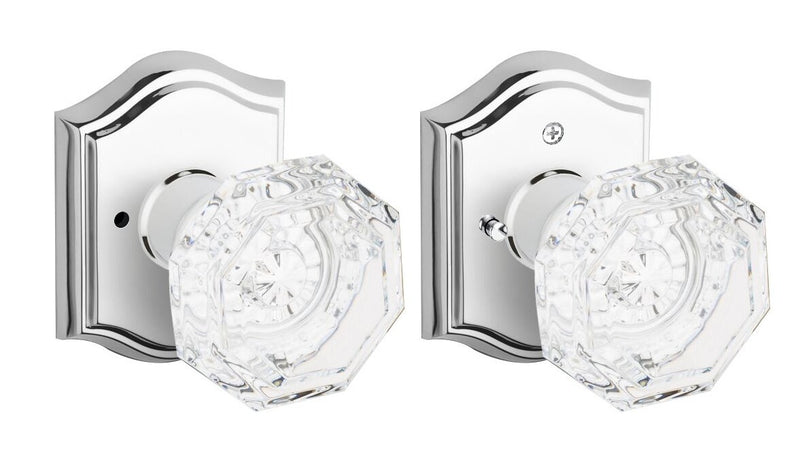 The Baldwin Reserve Crystal Knob with Traditional Arch Rosette in Polished Chrome finish.