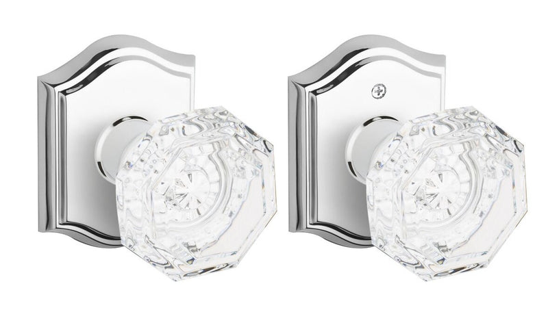 The Baldwin Reserve Crystal Knob with Traditional Arch Rosette in Polished Chrome finish.