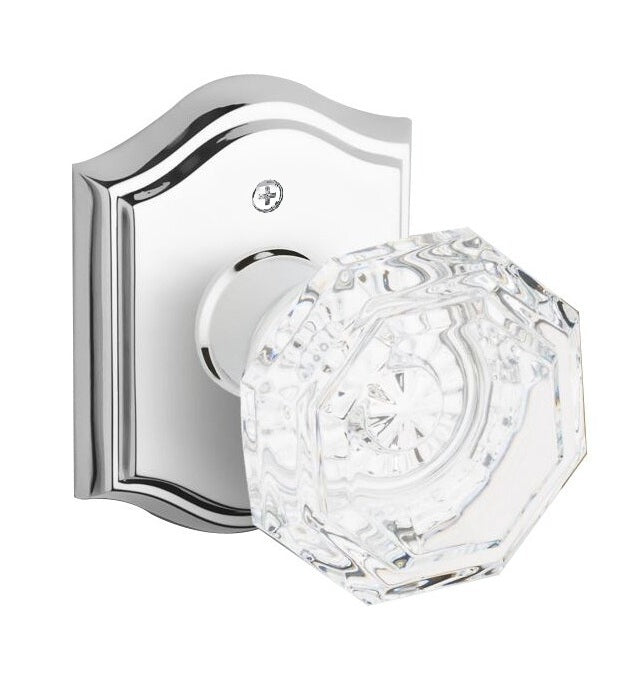 The Baldwin Reserve Crystal Knob with Traditional Arch Rosette in Polished Chrome finish.