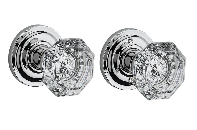 The Baldwin Reserve Crystal Knob with Traditional Round Rosette in Polished Chrome finish.