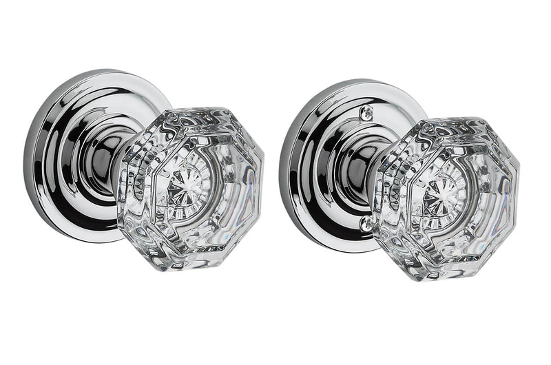 The Baldwin Reserve Crystal Knob with Traditional Round Rosette in Polished Chrome finish.