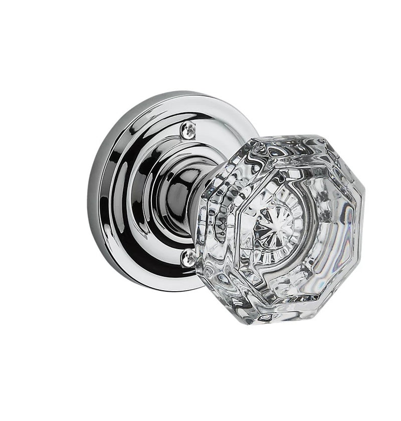 The Baldwin Reserve Crystal Knob with Traditional Round Rosette in Polished Chrome finish.