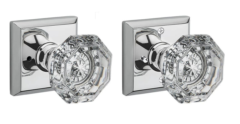 The Baldwin Reserve Crystal Knob with Traditional Square Rosette in Polished Chrome finish.
