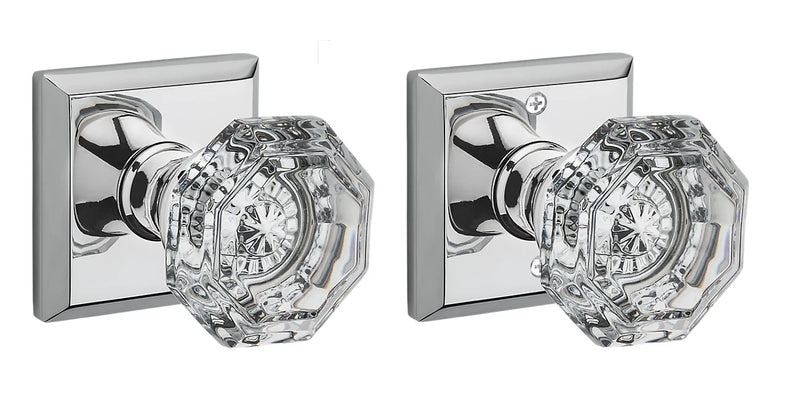 The Baldwin Reserve Crystal Knob with Traditional Square Rosette in Polished Chrome finish.