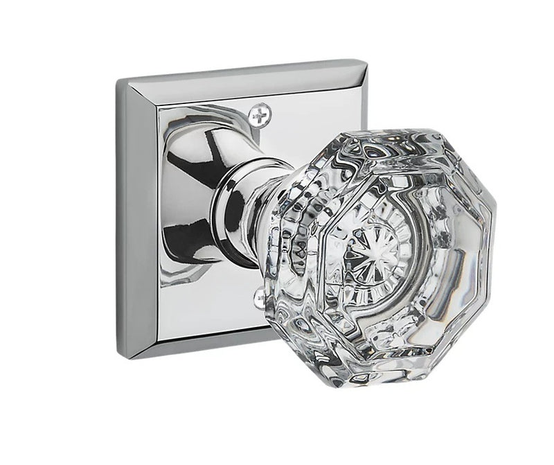The Baldwin Reserve Crystal Knob with Traditional Square Rosette in Polished Chrome finish.