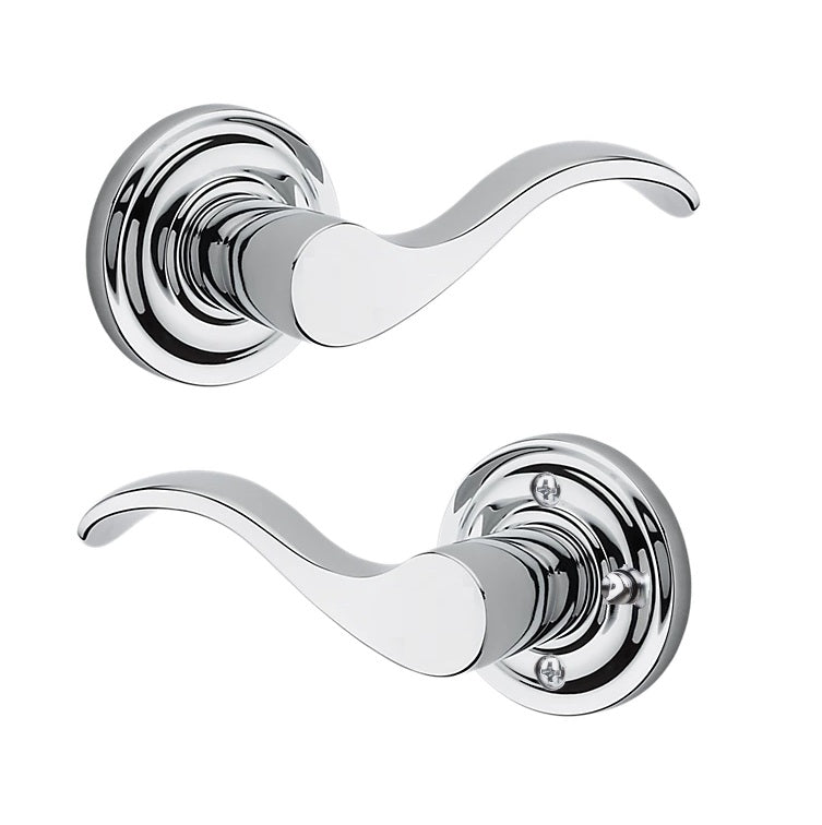 The Baldwin Reserve Curve Lever with Traditional Round Rosette in Polished Chrome finish.