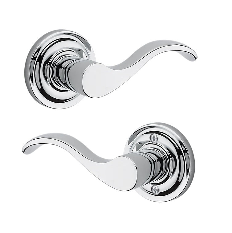 The Baldwin Reserve Curve Lever with Traditional Round Rosette in Polished Chrome finish.