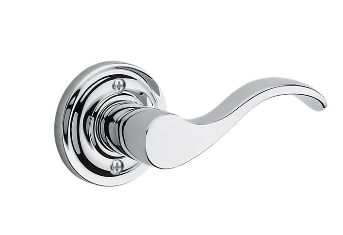 The Baldwin Reserve Curve Lever with Traditional Round Rosette in Polished Chrome finish.
