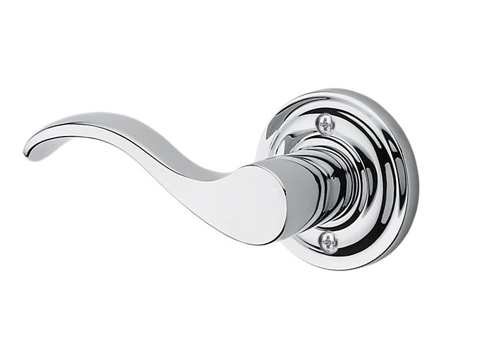The Baldwin Reserve Curve Lever with Traditional Round Rosette in Polished Chrome finish.