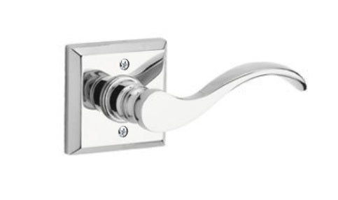 The Baldwin Reserve Curve Lever with Traditional Square Rosette in Polished Chrome finish.
