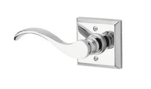 The Baldwin Reserve Curve Lever with Traditional Square Rosette in Polished Chrome finish.