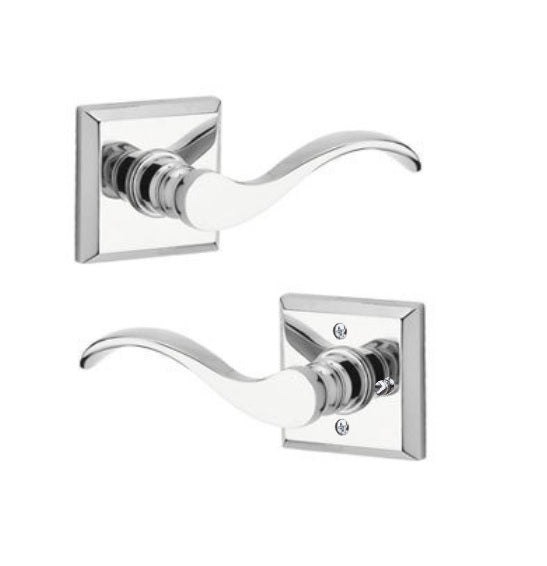 The Baldwin Reserve Curve Lever with Traditional Square Rosette in Polished Chrome finish.