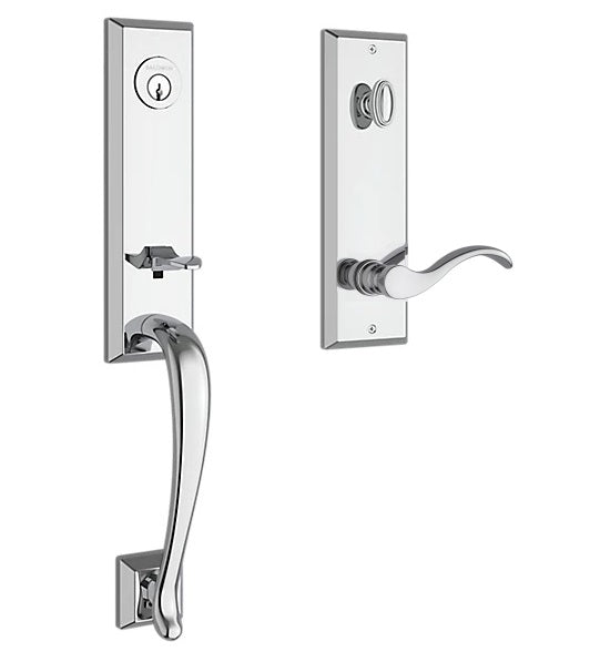 The Baldwin Reserve Del Mar Handleset with Interior Curve Lever with Square Bevel Rosette in Polished Chrome finish.