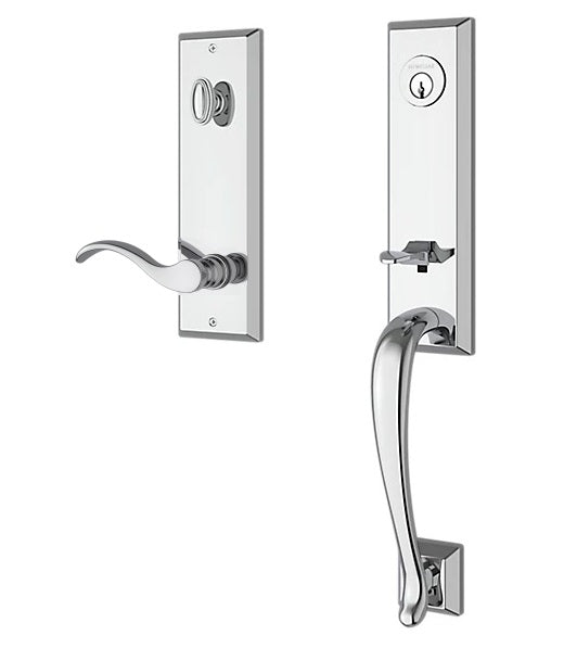 The Baldwin Reserve Del Mar Handleset with Interior Curve Lever with Square Bevel Rosette in Polished Chrome finish.