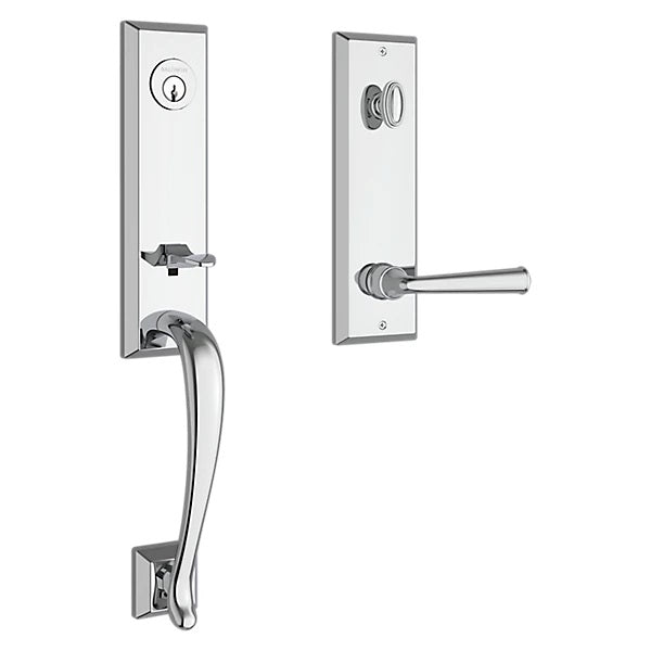 The Baldwin Reserve Del Mar Handleset with Interior Federal Lever with Square Bevel Rosette in Polished Chrome finish.