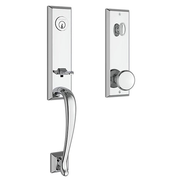 The Baldwin Reserve Del Mar Handleset with Interior Round Knob with Square Bevel Rosette in Polished Chrome finish.